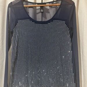 INC International Concepts Navy Sheer Rhinestone Blouse